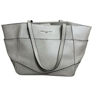 Karl Lagerfeld Paris Taupe Gray Saffiano Leather Satchel Double Handles
